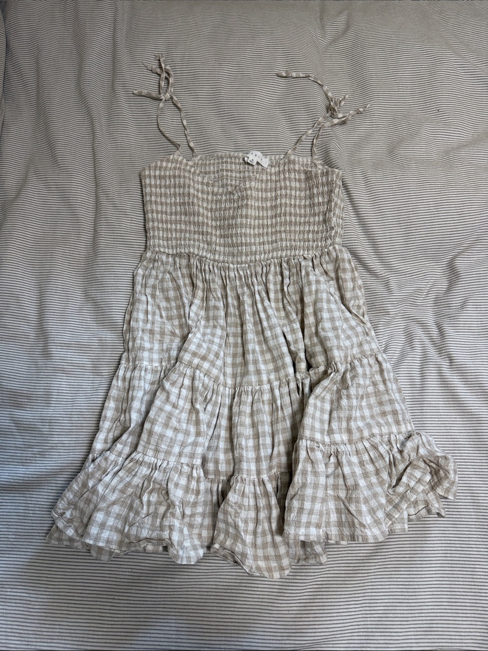 Mable Beige Gingham Tiered Sundress with Tie Straps
